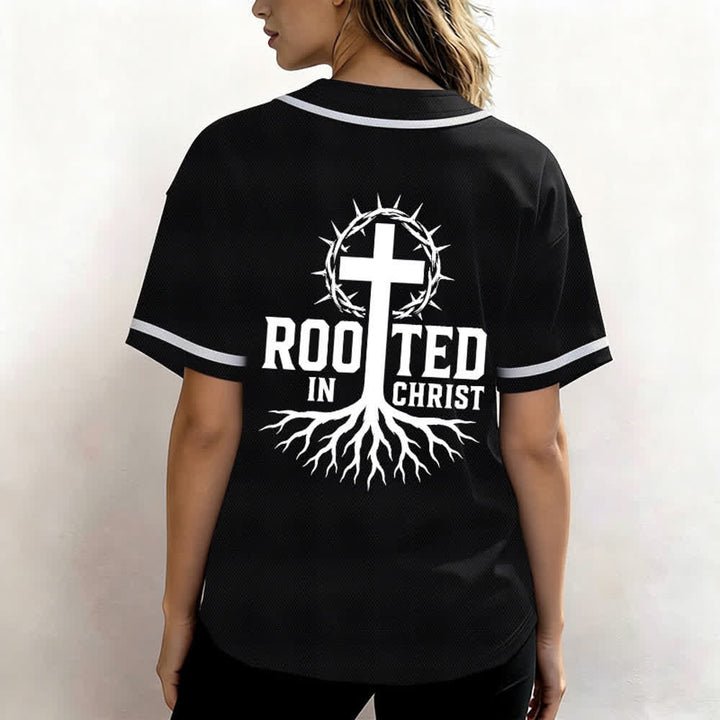 Christianartworkshop Rooted In Christ Maglia da baseball nera con bottoni - image 3