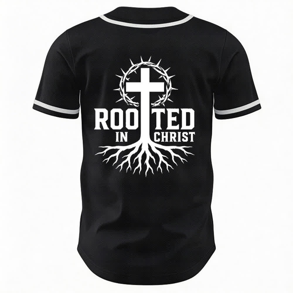 Christianartworkshop Rooted In Christ Maglia da baseball nera con bottoni - image 1