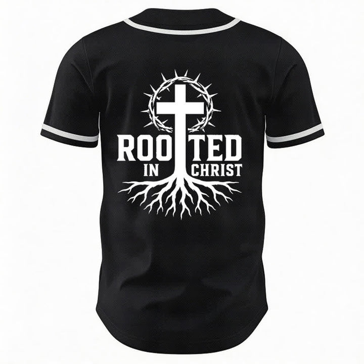 Christianartworkshop Rooted In Christ Maglia da baseball nera con bottoni - image 1