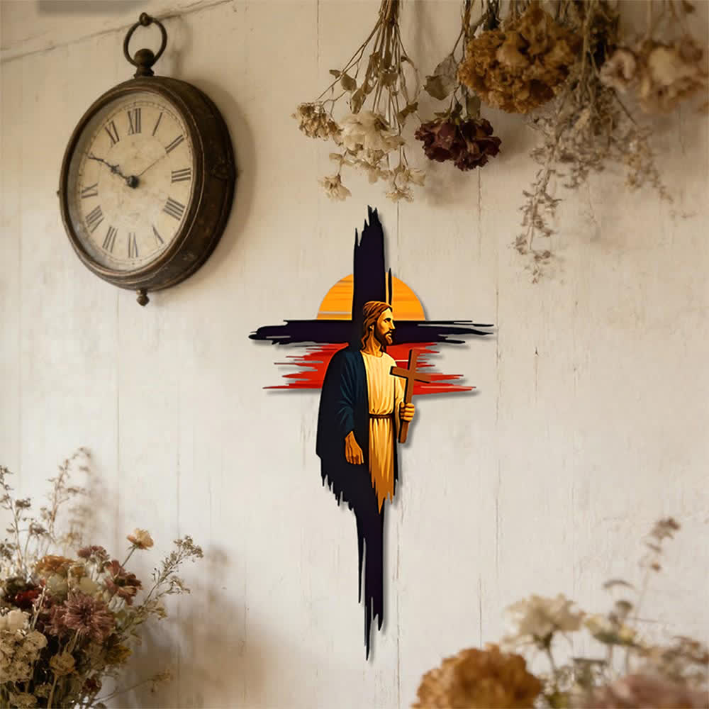 Decorazione murale in metallo con croce dipinta a pennello raffigurante Gesù al tramonto Christianartworkshop : emblema senza tempo della sacra grazia redentrice. - image 0