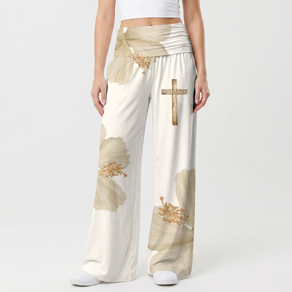 Christianartworkshop Pantaloni da donna a gamba larga, stile boho, con stampa floreale a croce, colore beige. - image 1