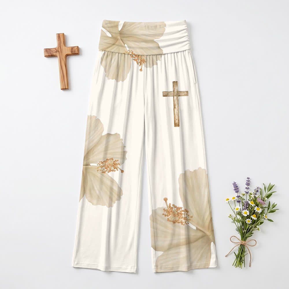 Christianartworkshop Pantaloni da donna a gamba larga, stile boho, con stampa floreale a croce, colore beige. - US22,UK/AU26,EU54 - image 0