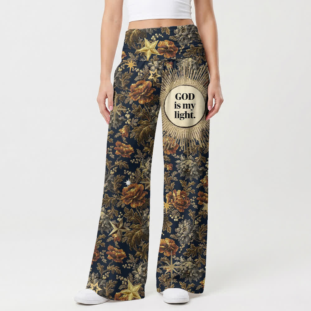 Christianartworkshop Pantaloni da donna a gamba larga con stampa floreale vintage "Dio è la mia luce" - image 1