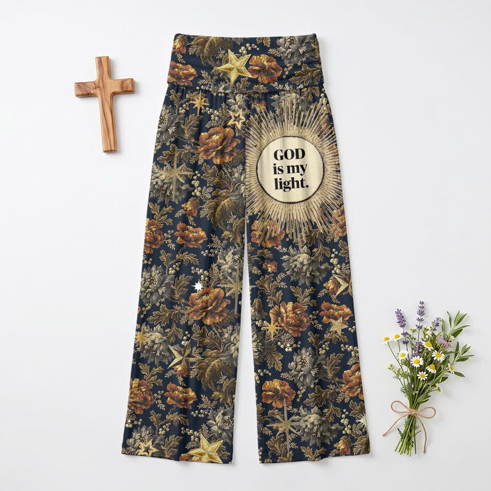 Christianartworkshop Pantaloni da donna a gamba larga con stampa floreale vintage "Dio è la mia luce" - US22,UK/AU26,EU54 - image 0