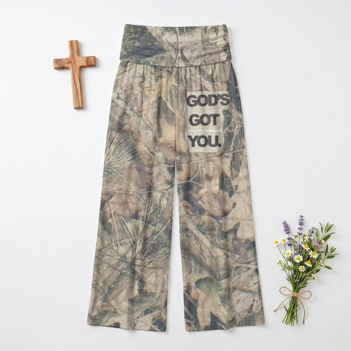 Christianartworkshop Pantaloni da donna a gamba larga a vita alta con stampa mimetica "God’s Got You" - US22,UK/AU26,EU54 - image 0