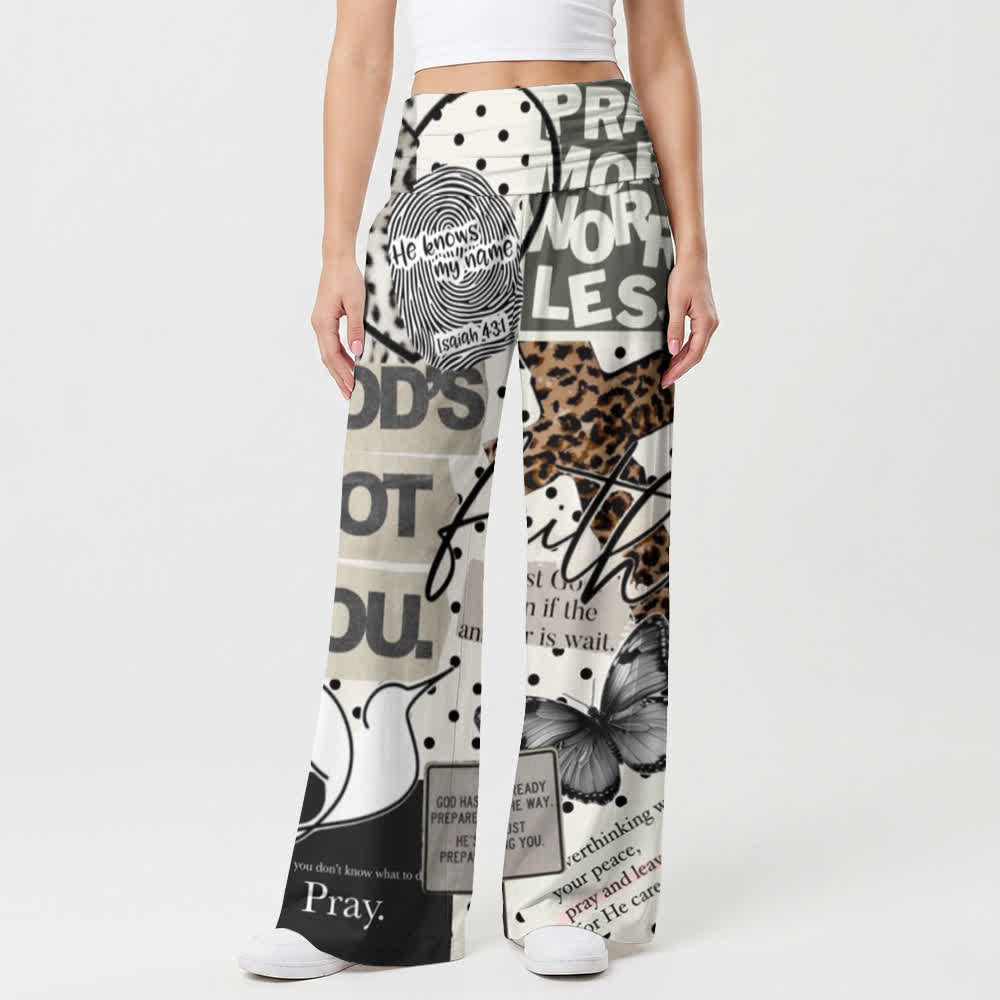 Christianartworkshop Pantaloni da donna a gamba larga a vita alta con stampa collage Faith - image 1