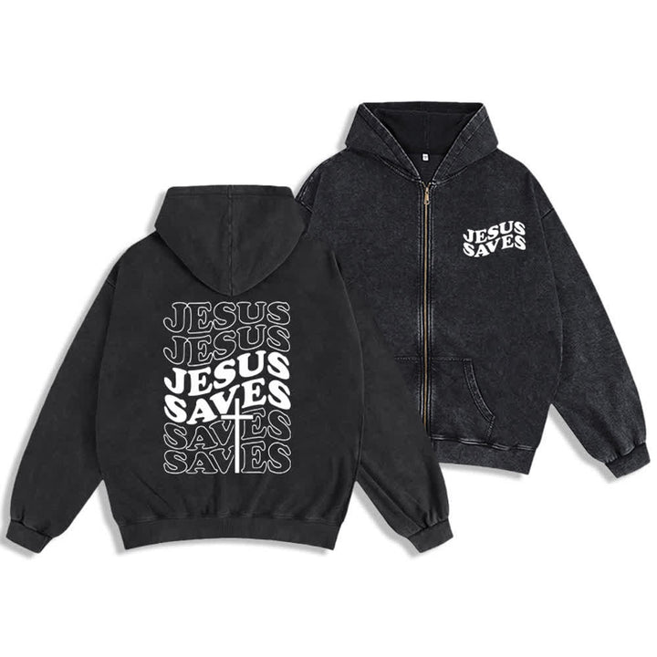 Christianartworkshop Jesus Saves Washed Street Zip-Up Hooded Jacket - Nero - 2XL - image 0
