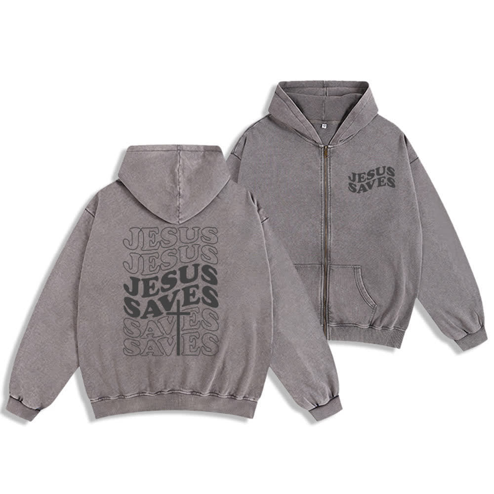 Christianartworkshop Jesus Saves Washed Street Zip-Up Hooded Jacket - Grigio - 2XL - image 3