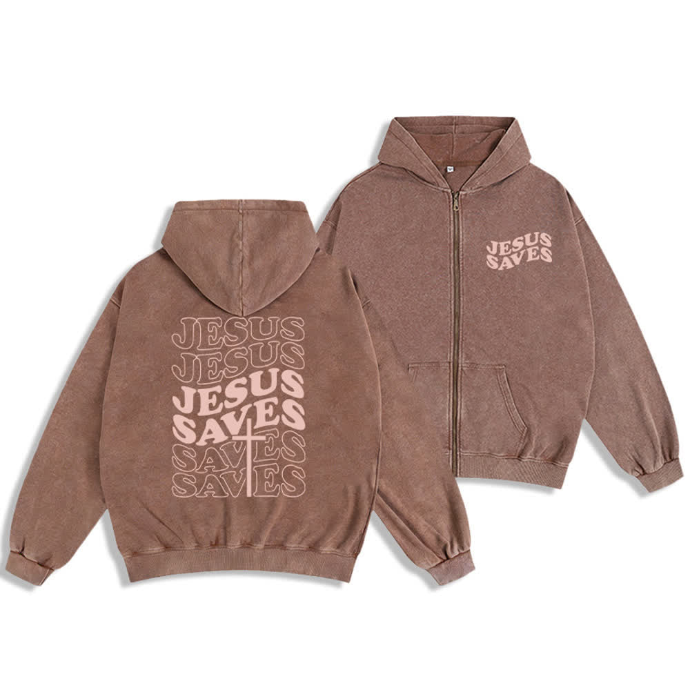 Christianartworkshop Jesus Saves Washed Street Zip-Up Hooded Jacket - Marrone - 2XL - image 6