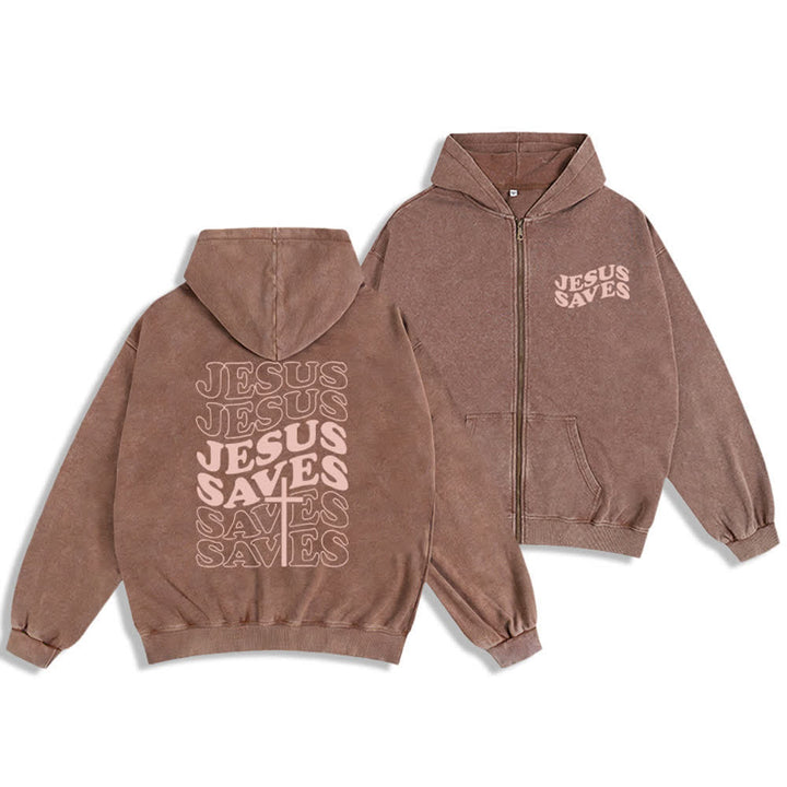 Christianartworkshop Jesus Saves Washed Street Zip-Up Hooded Jacket - Marrone - 2XL - image 6