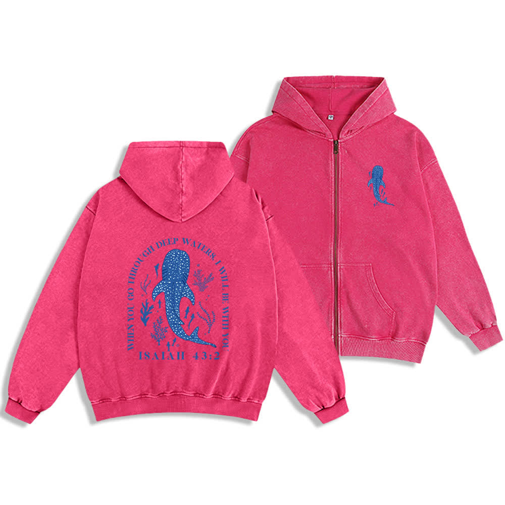 Christianartworkshop Giacca con cappuccio e zip nera lavata Isaia 43:2 Squalo balena - Rosa - 2XL - image 9