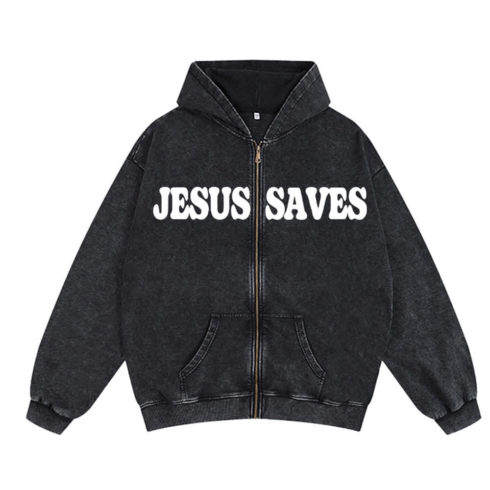 Christianartworkshop Jesus Saves Washed Oversized Streetwear Hooded Jacket - Grigio - 2XL - image 5
