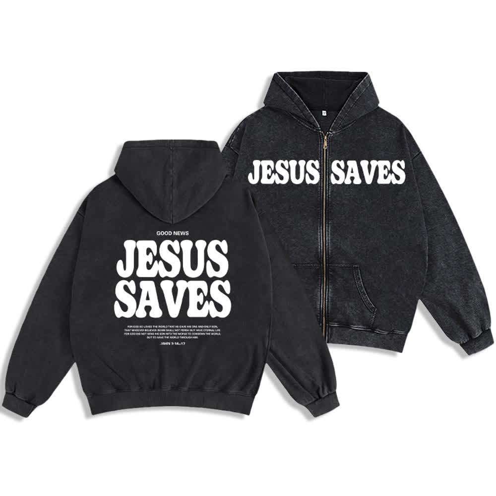 Christianartworkshop Jesus Saves Washed Oversized Streetwear Hooded Jacket - Nero - 2XL - image 3