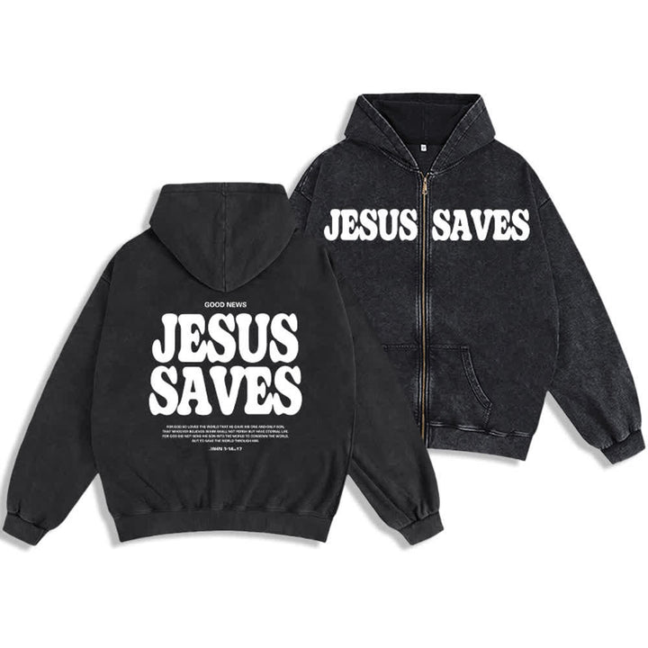 Christianartworkshop Jesus Saves Washed Oversized Streetwear Hooded Jacket - Nero - 2XL - image 3