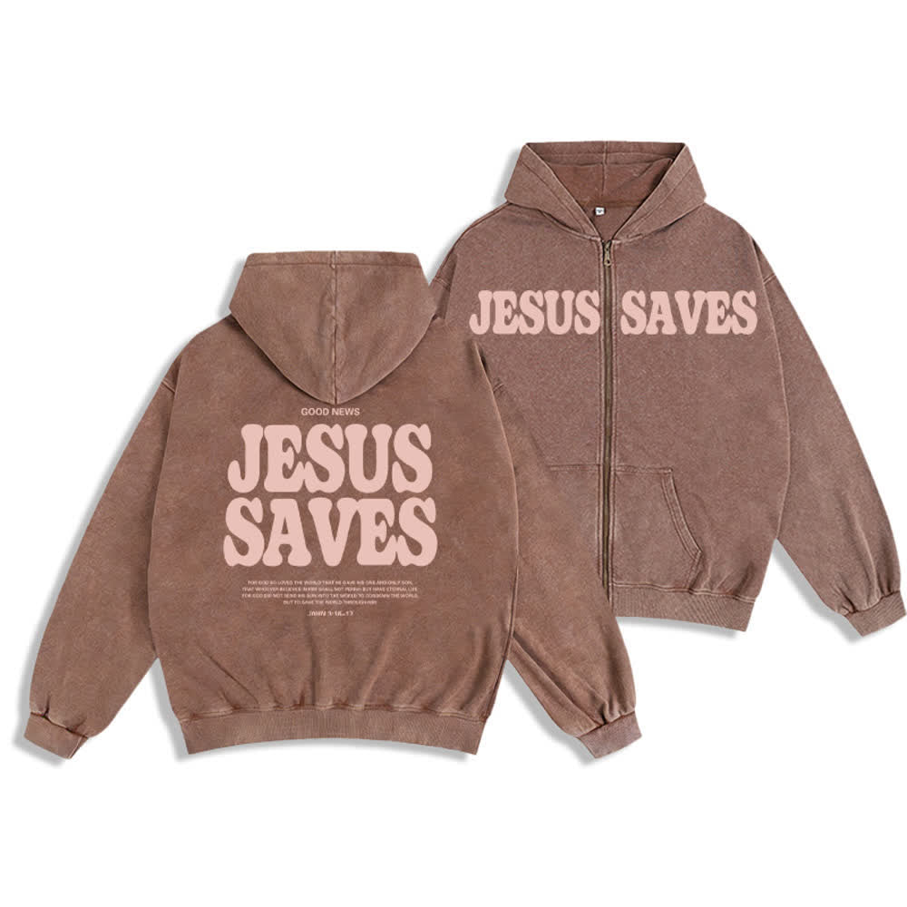 Christianartworkshop Jesus Saves Washed Oversized Streetwear Hooded Jacket - Marrone - 2XL - image 0