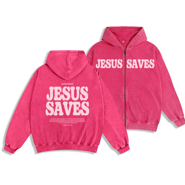 Christianartworkshop Jesus Saves Washed Oversized Streetwear Hooded Jacket - Rosa - 2XL - image 9