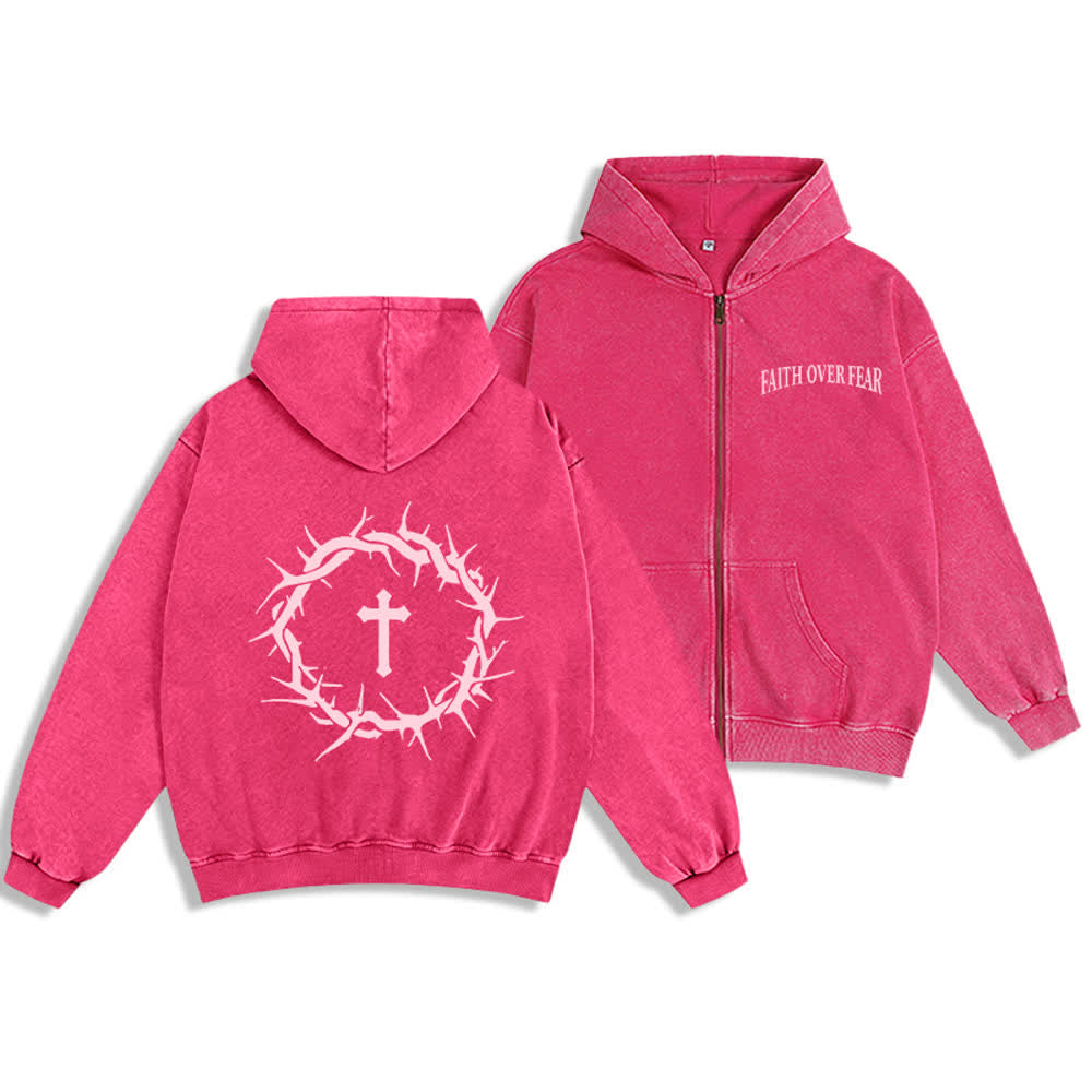 Christianartworkshop Faith Over Fear Vintage Rose Zip-Up Hooded Jacket - Rosa - 2XL - image 0