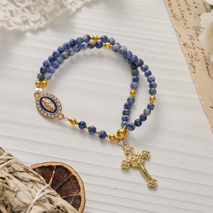 Braccialetto rosario magnetico in agata fragola Christianartworkshop : emblema di grazia divina e purezza - Pietra blu (Circonferenza del polso: 7,09"/18 cm) - image 6