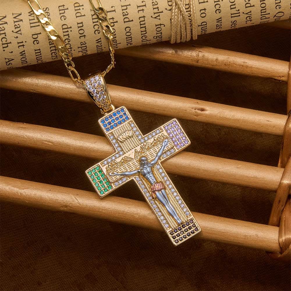 Christianartworkshop Collana con crocifisso scolpito in cristallo multicolore ghiacciato: simbolo di infinita misericordia celeste - image 1