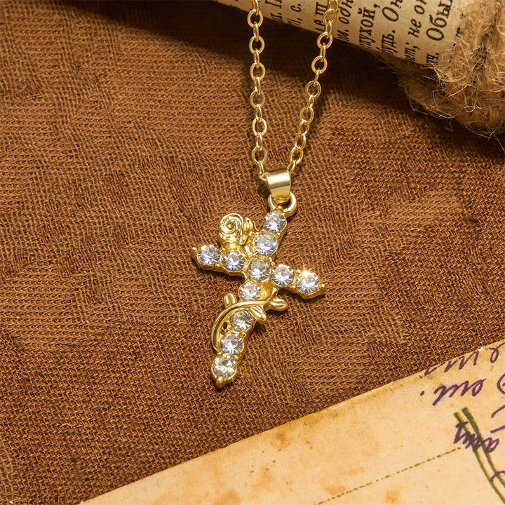 Collana con ciondolo a croce con rosa e vite di cristallo Christianartworkshop : simbolo di dolce misericordia celeste - D'oro - image 1