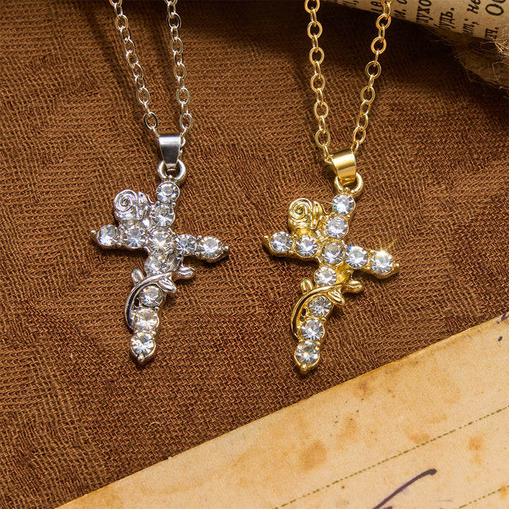 Collana con ciondolo a croce con rosa e vite di cristallo Christianartworkshop : simbolo di dolce misericordia celeste - image 2