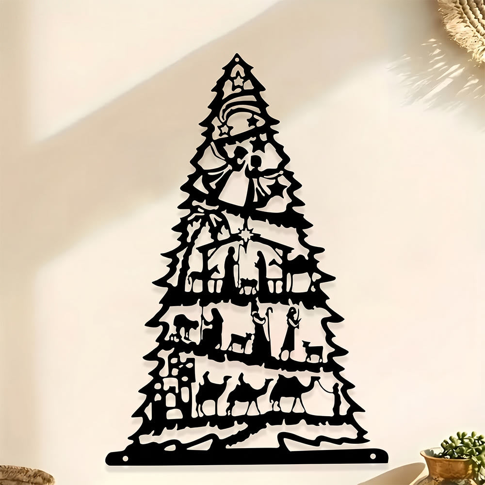 Christianartworkshop Decorazione murale in metallo con albero di Natale e presepe: emblema di pace e serenità senza tempo. - image 0