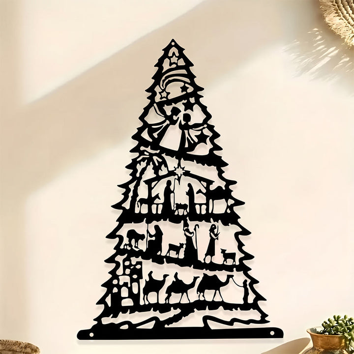 Christianartworkshop Decorazione murale in metallo con albero di Natale e presepe: emblema di pace e serenità senza tempo. - image 0