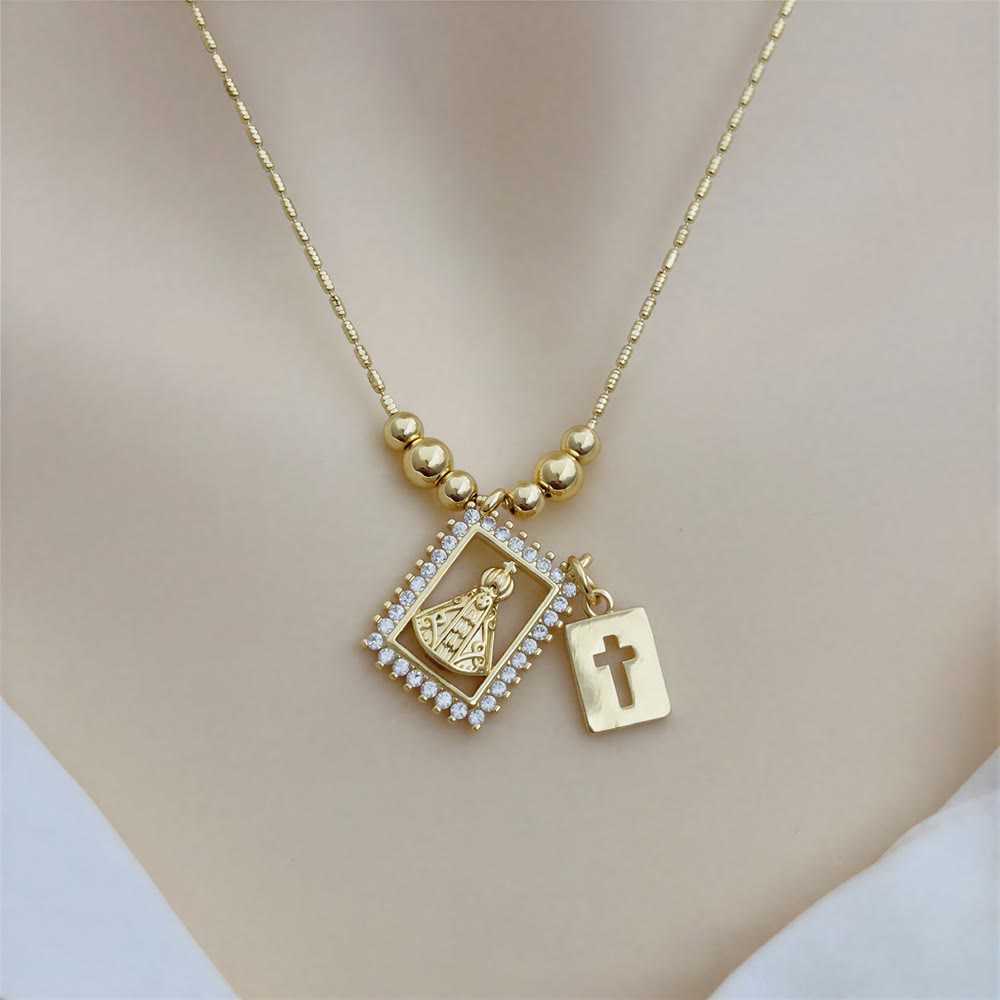 Christianartworkshop Collana con medaglione e croce sacra a catena di perline: emblema di tenero conforto celeste - Aparecida Vergine - image 6