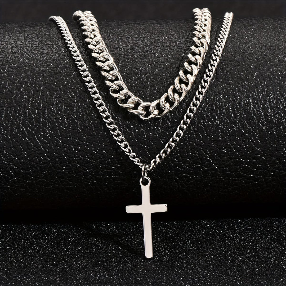 Christianartworkshop Collana con ciondolo a croce e catena a maglie sovrapposte: emblema di un rifugio celeste incrollabile. - Argento - image 0