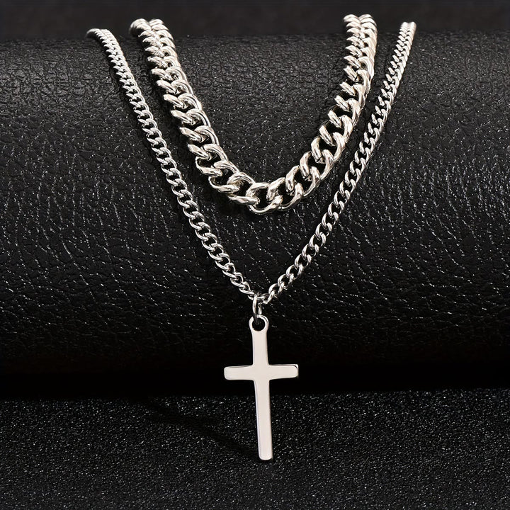 Christianartworkshop Collana con ciondolo a croce e catena a maglie sovrapposte: emblema di un rifugio celeste incrollabile. - Argento - image 0