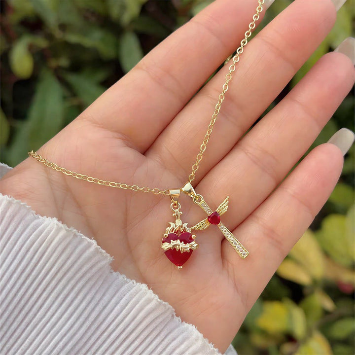 Collana con doppio ciondolo Croce di Cristallo e Sacro Cuore Christianartworkshop : Emblema di tenera compassione celeste - Sacro Cuore e Croce - C - image 3