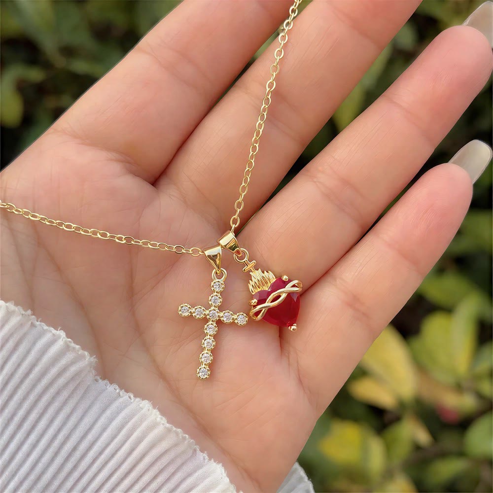 Collana con doppio ciondolo Croce di Cristallo e Sacro Cuore Christianartworkshop : Emblema di tenera compassione celeste - Sacro Cuore e Croce - B - image 2