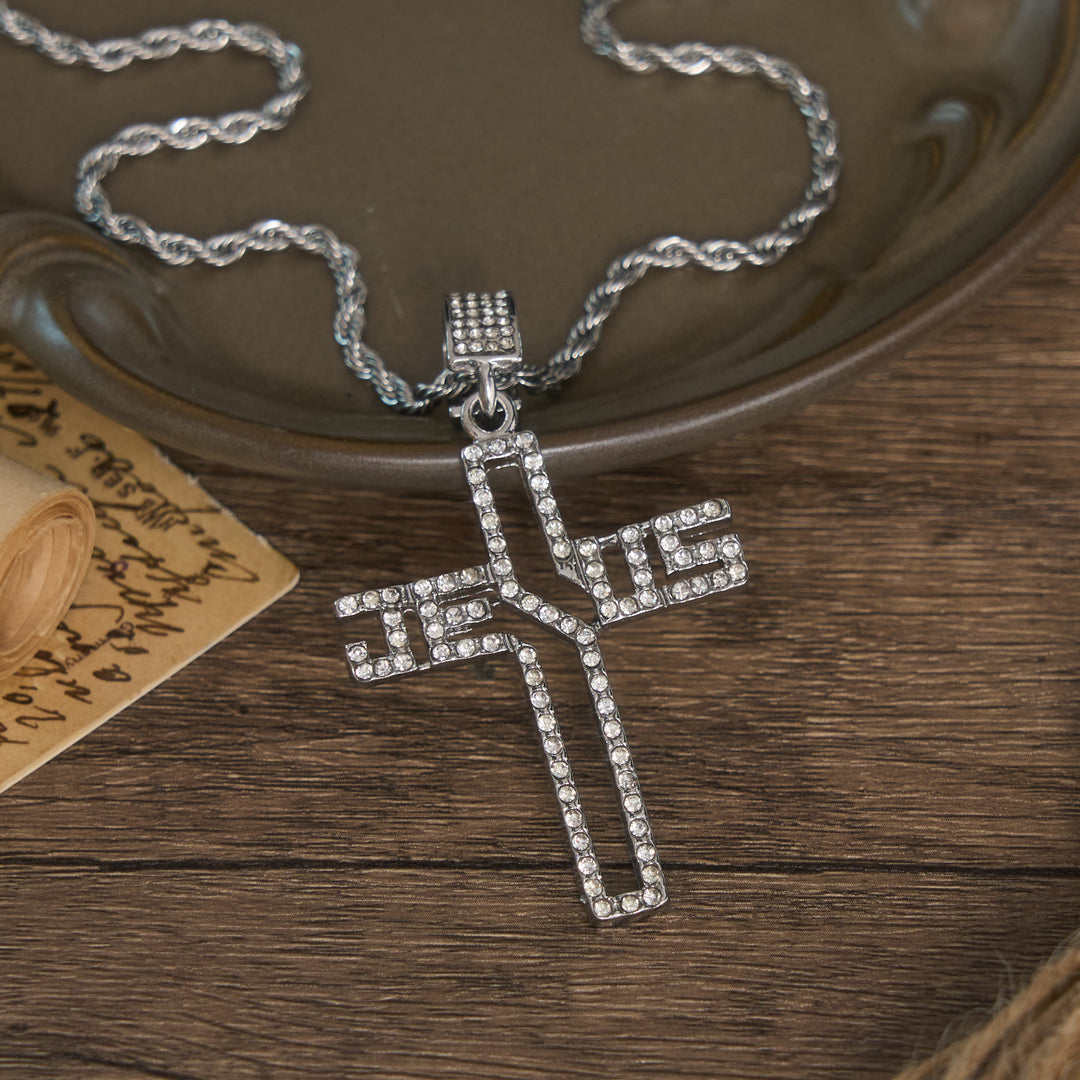 Christianartworkshop Collana con croce di Gesù a scritta cava e pietre incastonate: simbolo di fede incrollabile - Argento - image 4