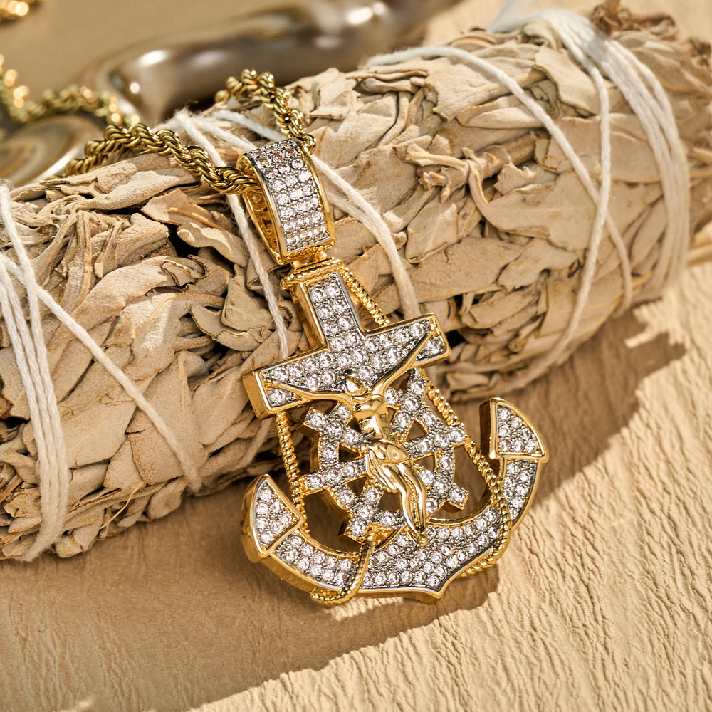 Christianartworkshop Collana con ciondolo a forma di timone e crocifisso con ancora interamente tempestata di pietre: emblema di incrollabile speranza celeste - image 1
