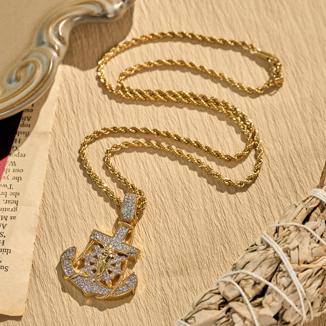 Christianartworkshop Collana con ciondolo a forma di timone e crocifisso con ancora interamente tempestata di pietre: emblema di incrollabile speranza celeste - image 3