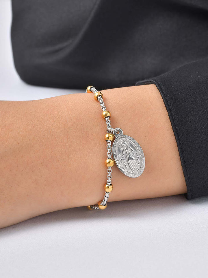 Christianartworkshop Bracciale con medaglie e catena di perline testurizzate: simbolo di una forza interiore incrollabile. - Medaglia e crocifisso miracolosi - Oro/Argento - image 24