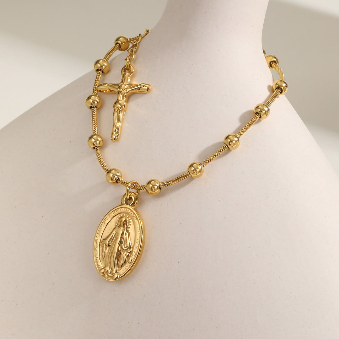 Christianartworkshop Bracciale con medaglie e catena di perline testurizzate: simbolo di una forza interiore incrollabile. - Miracoloso e Crocifisso d'oro - image 15