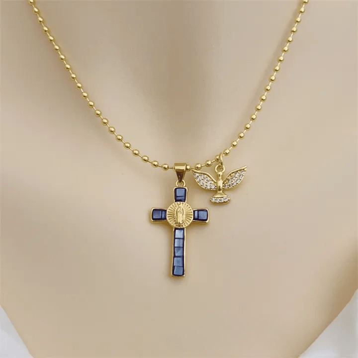Christianartworkshop Collana con croce intarsiata color pastello dello Spirito Santo, emblema di protezione celeste. - Viola - image 9