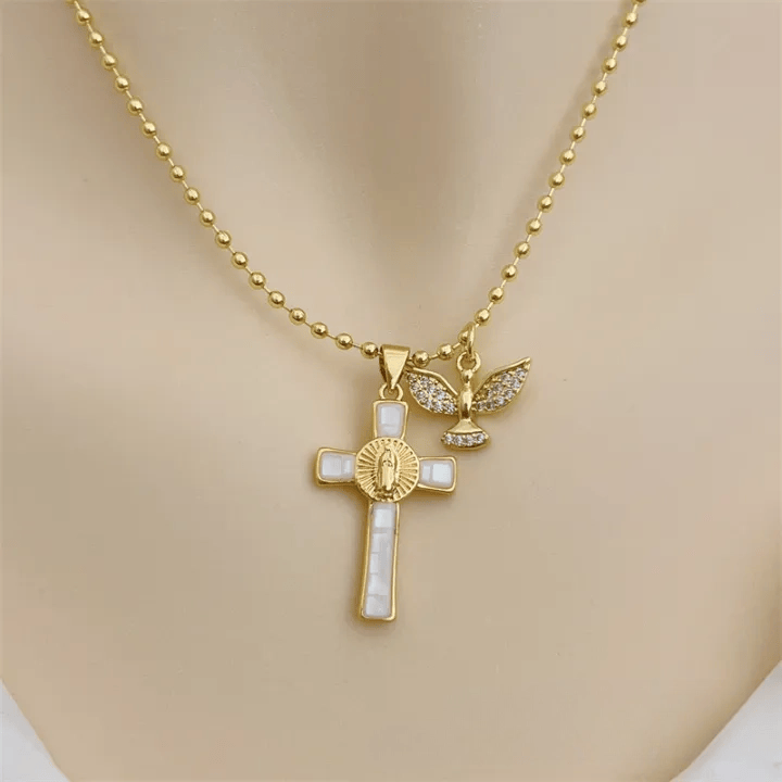 Christianartworkshop Collana con croce intarsiata color pastello dello Spirito Santo, emblema di protezione celeste. - Bianco - image 7