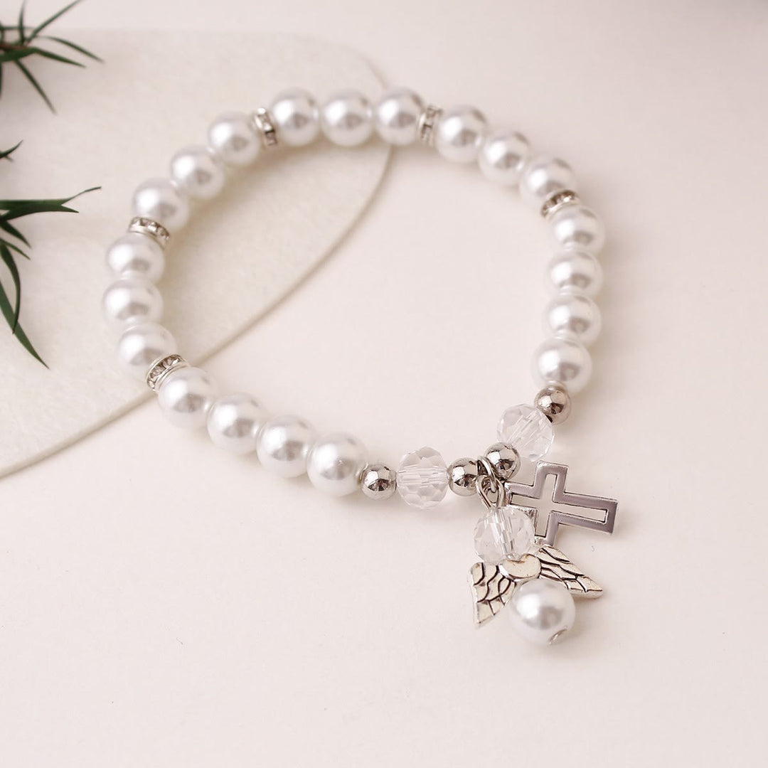 Christianartworkshop Bracciale elastico con croce e perline di perle lucenti: emblema di pura purezza celeste. - Argento - image 5