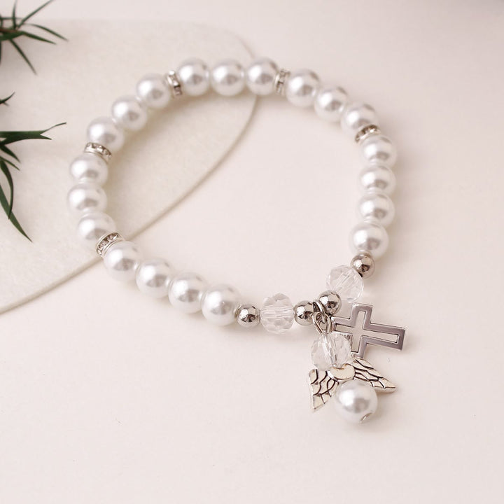 Christianartworkshop Bracciale elastico con croce e perline di perle lucenti: emblema di pura purezza celeste. - Argento - image 5