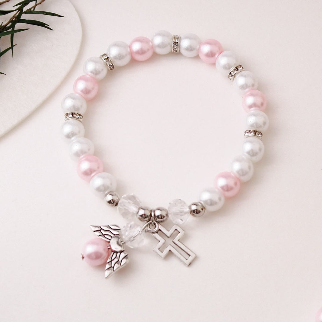 Christianartworkshop Bracciale elastico con croce e perline di perle lucenti: emblema di pura purezza celeste. - Rosa - image 4