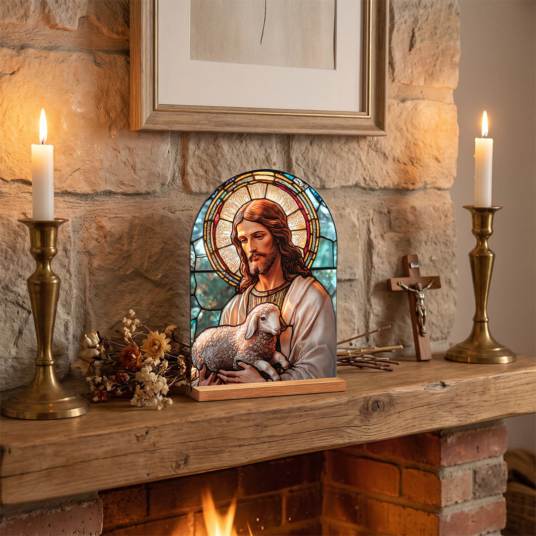 Christianartworkshop Targa da tavolo arcuata con supporto in legno, croce religiosa in vetro colorato, Vergine Maria e Gesù, decorazione da tavolo - Gesù - image 0