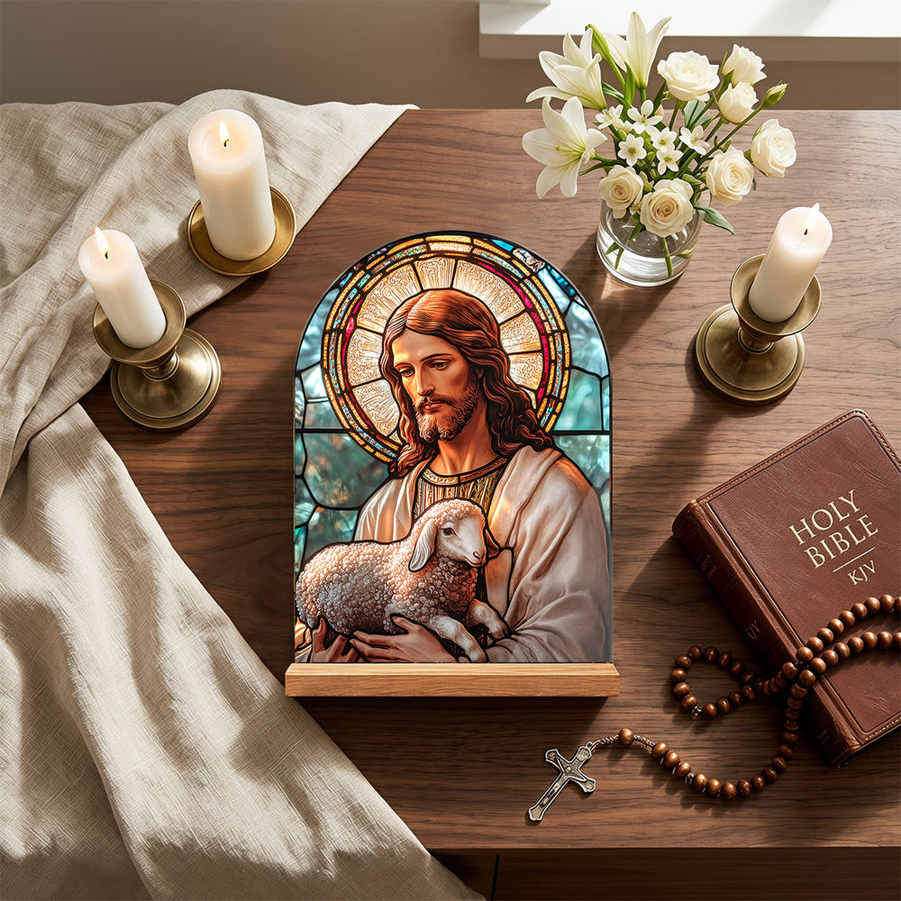 Christianartworkshop Targa da tavolo arcuata con supporto in legno, croce religiosa in vetro colorato, Vergine Maria e Gesù, decorazione da tavolo - image 1