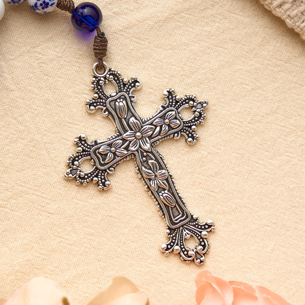 Christianartworkshop Rosario in porcellana blu e bianca con decorazioni floreali, croce in argento e medaglione della Vergine Maria. - image 7