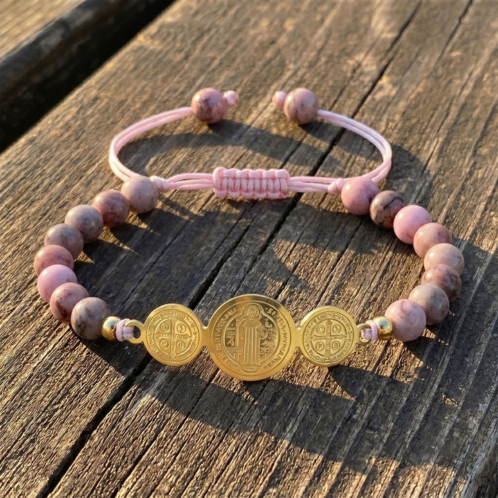 Christianartworkshop Braccialetto regolabile con nodo scorrevole e perline, emblema di rifugio sacro senza tempo - D'oro - Rodonite rosa - image 2