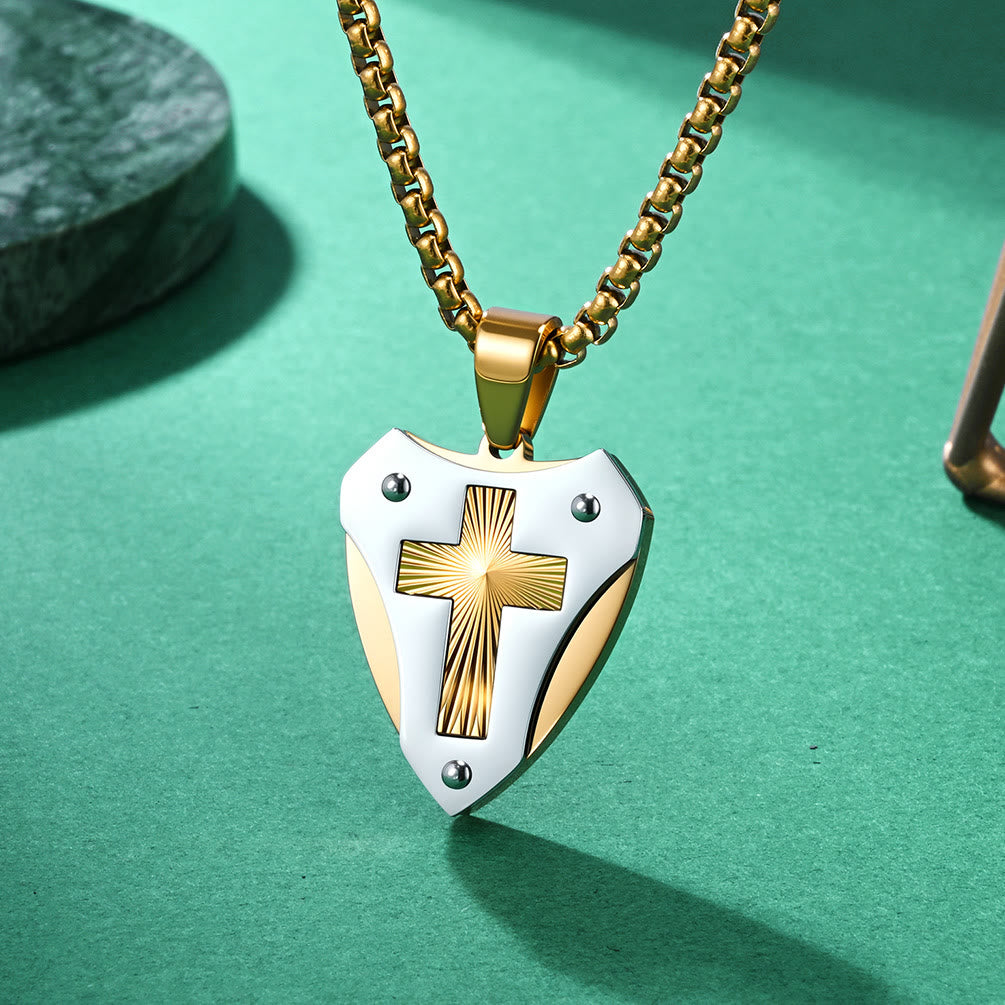 Christianartworkshop Collana robusta in acciaio al titanio con croce a forma di scudo: simbolo di incrollabile forza spirituale. - image 2