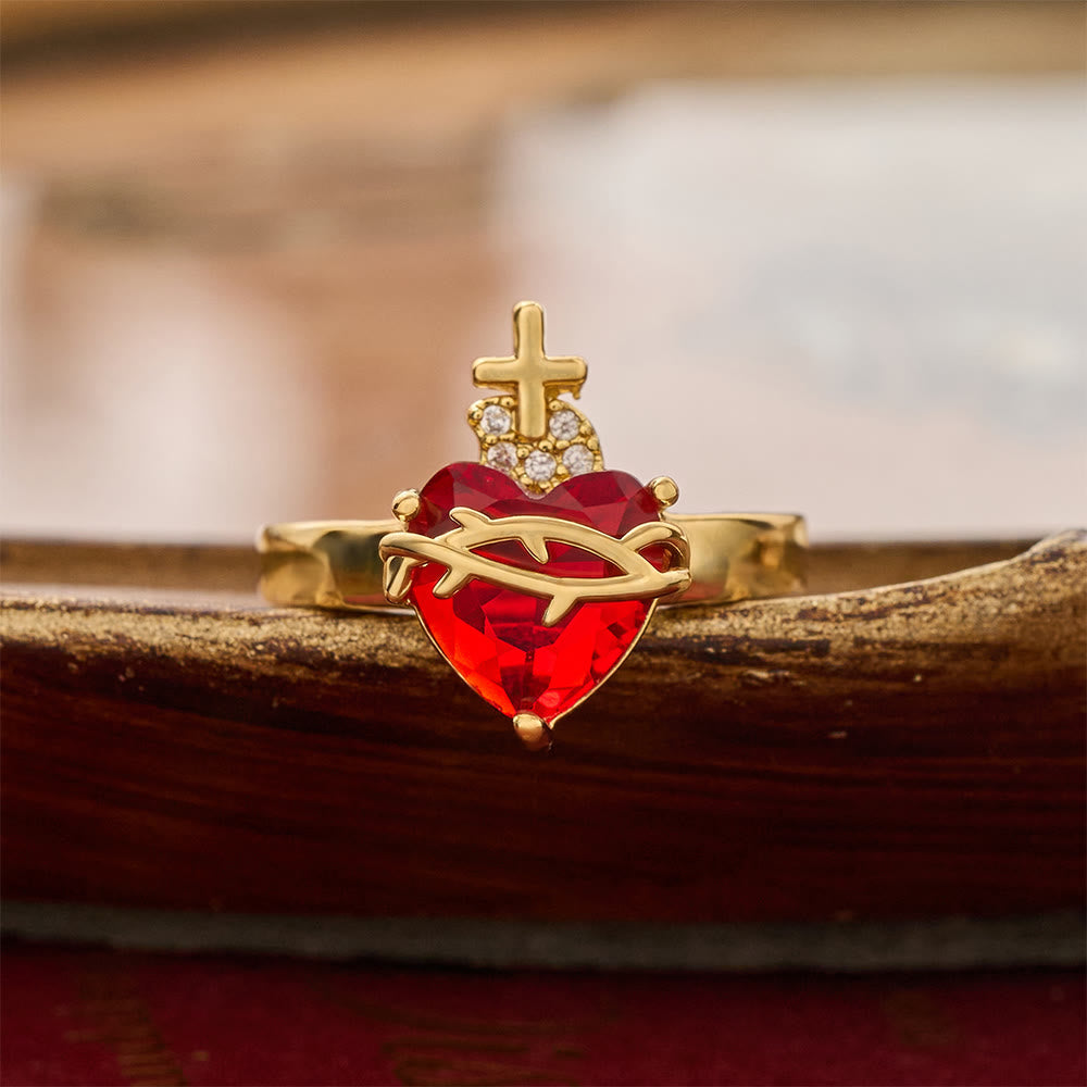 Christianartworkshop Anello a fascia aperta con Sacro Cuore scolpito: Emblema di tenero rifugio celeste - Sacro Cuore A (Adatto per taglie americane 6-9) - image 1
