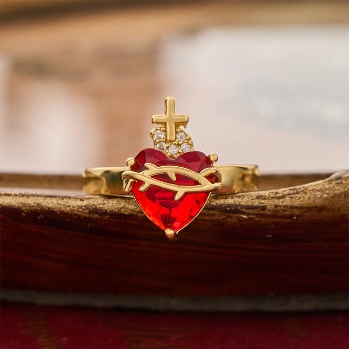 Christianartworkshop Anello a fascia aperta con Sacro Cuore scolpito: Emblema di tenero rifugio celeste - Sacro Cuore A (Adatto per taglie americane 6-9) - image 1
