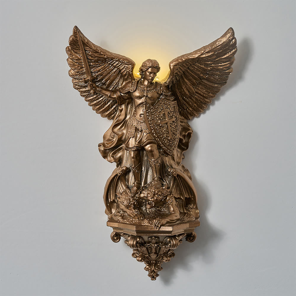 Christianartworkshop Grande scultura murale di San Michele alato con retroilluminazione: emblema di nobile rifugio celeste - San Michele - image 0